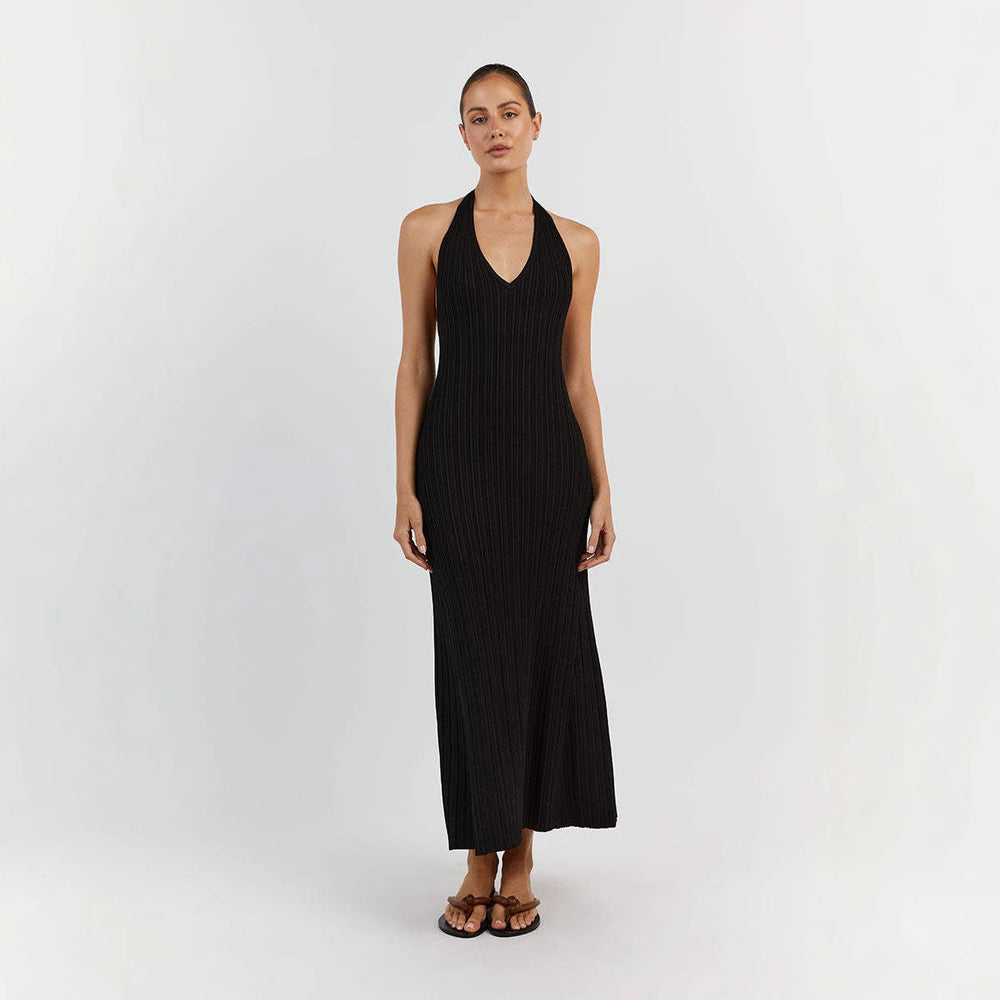 Damen Maxikleid mit raffiniertem Rippdesign und elegantem V-Ausschnitt R&B