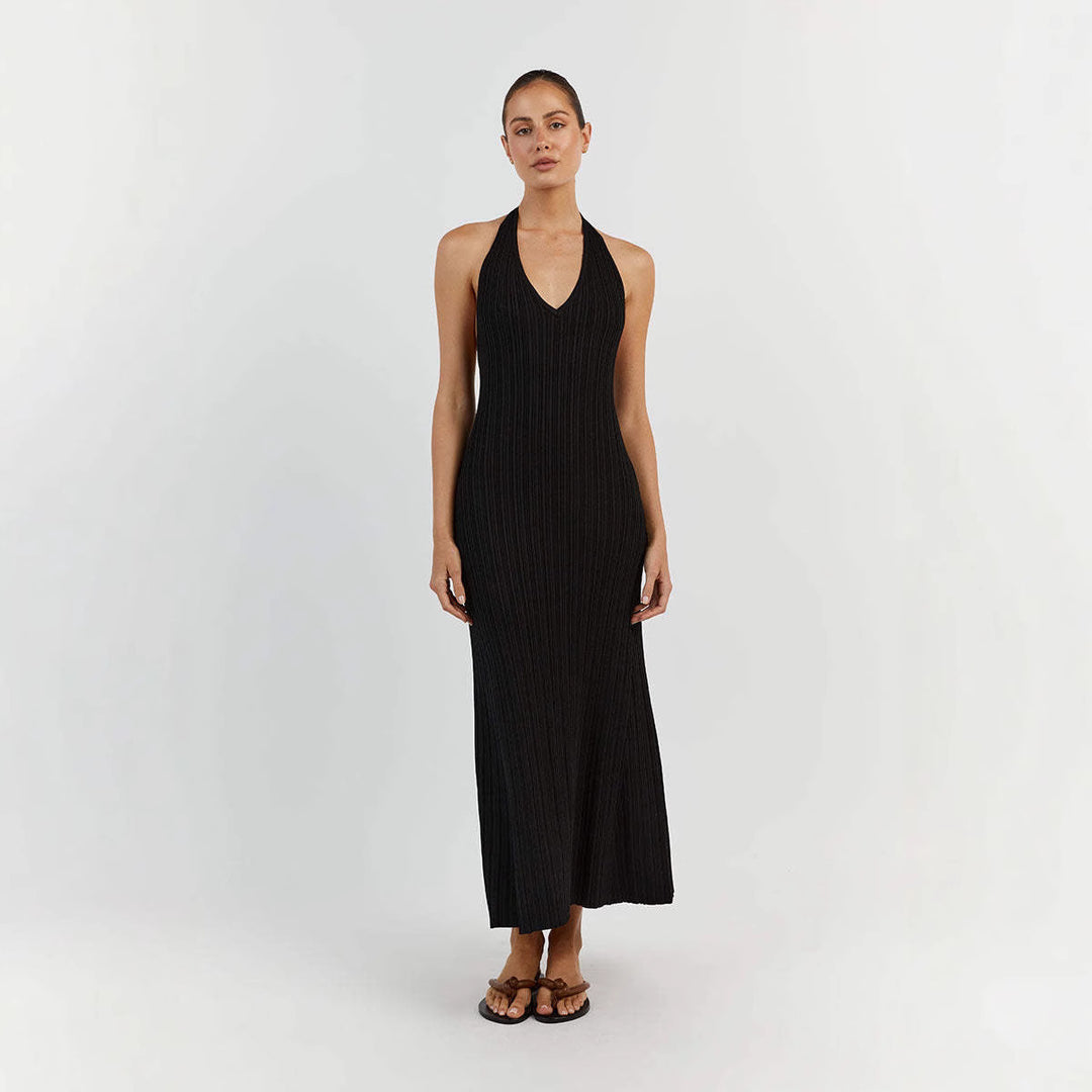 Damen Maxikleid mit raffiniertem Rippdesign und elegantem V-Ausschnitt R&B