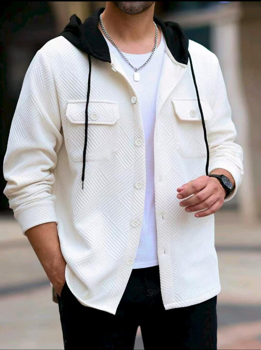 Herren lässige Utility-Jacke mit Kapuze und strukturiertem Muster R&B