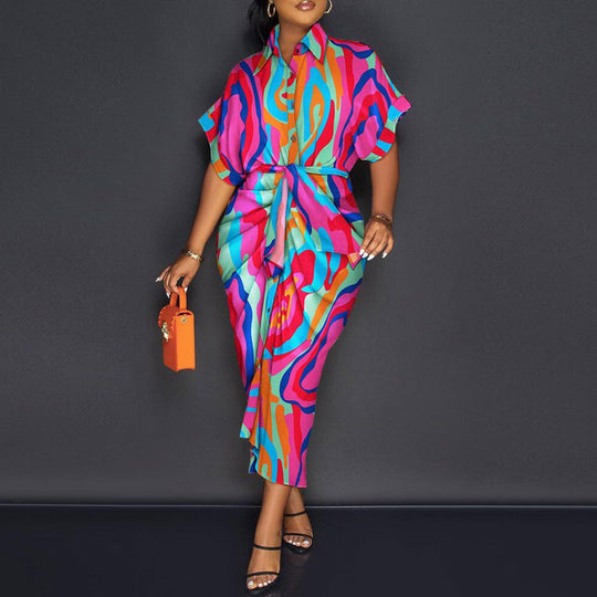 Damen Denim-Midi-Kleid mit einzigartigem Patchwork-Design und Taillengürtel R&B