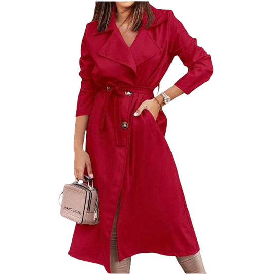Damen eleganter Trenchcoat mit Taillengürtel und großen Taschen R&B