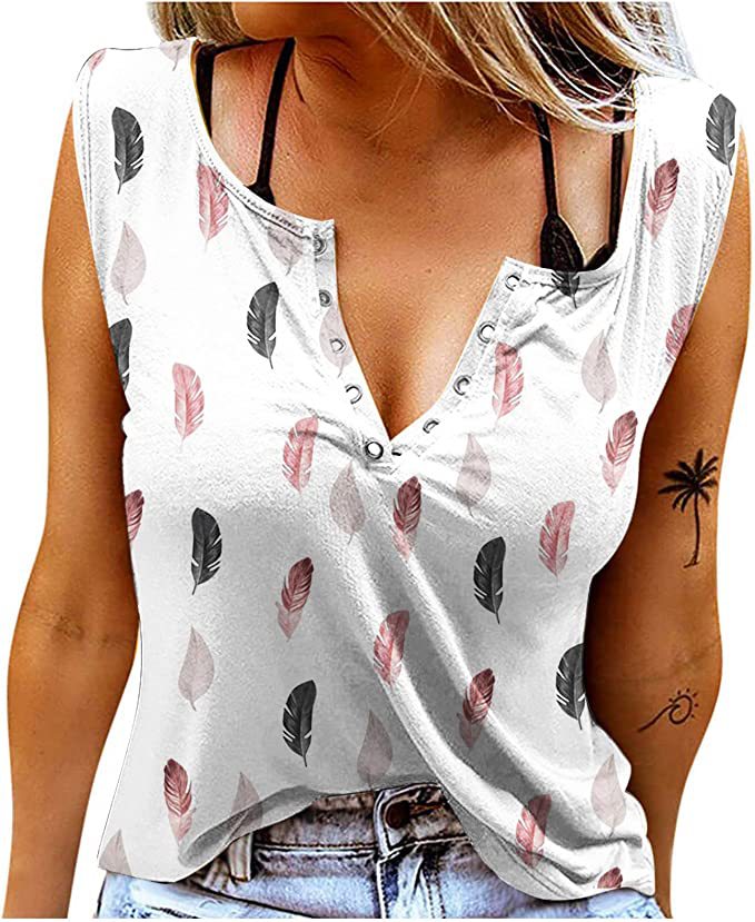 Damen Knopfleisten T-Shirt mit Federmuster R&B