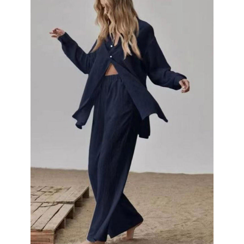 Damen Satin Pyjama Set mit langärmliger Bluse und weiten Hosen R&B