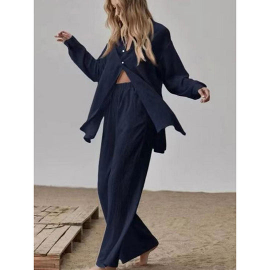 Damen Satin Pyjama Set mit langärmliger Bluse und weiten Hosen R&B