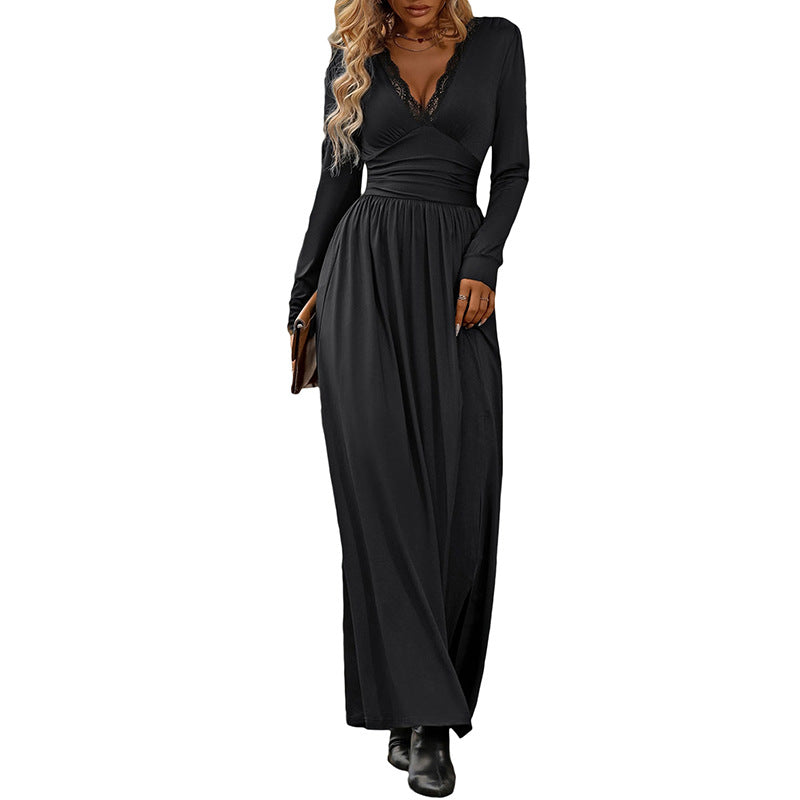 Damen Elegantes Maxikleid mit hochwertiger Spitzenverzierung und seitlichem Schlitz R&B