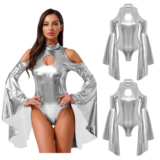 Damen Body mit schulterfreien Ärmeln und glamourösem Glanz R&B