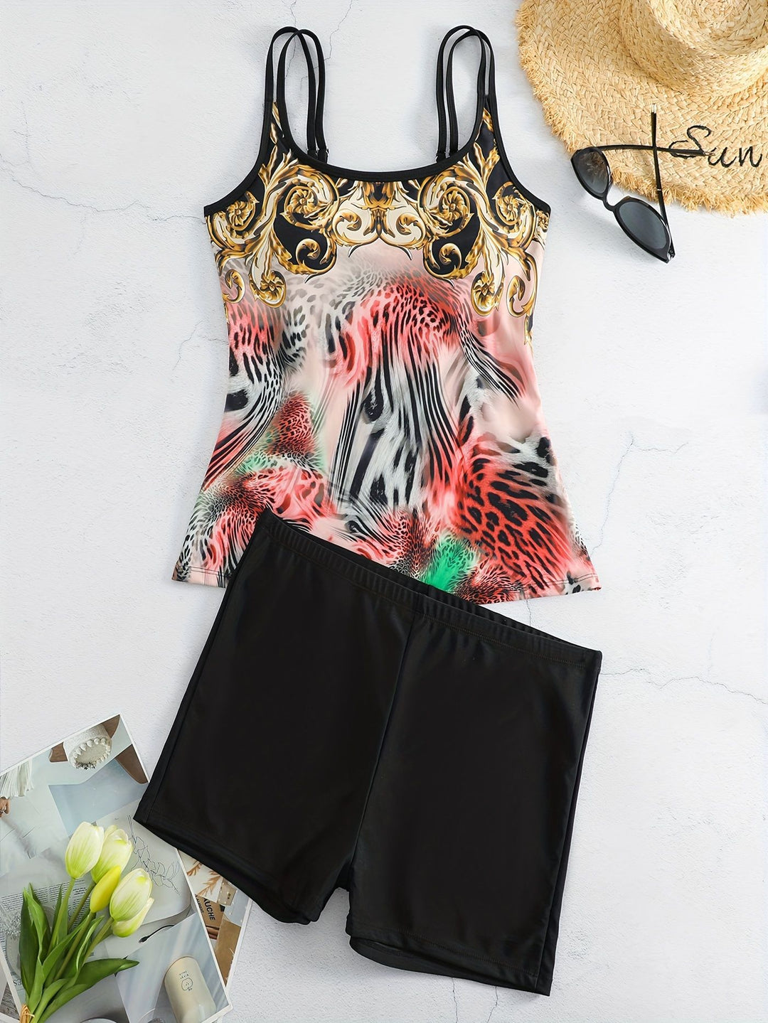 Damen Sportliches Tankini-Set mit modischem Animal-Print und Boxershorts R&B