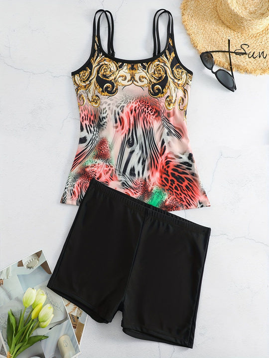 Damen Sportliches Tankini-Set mit modischem Animal-Print und Boxershorts R&B