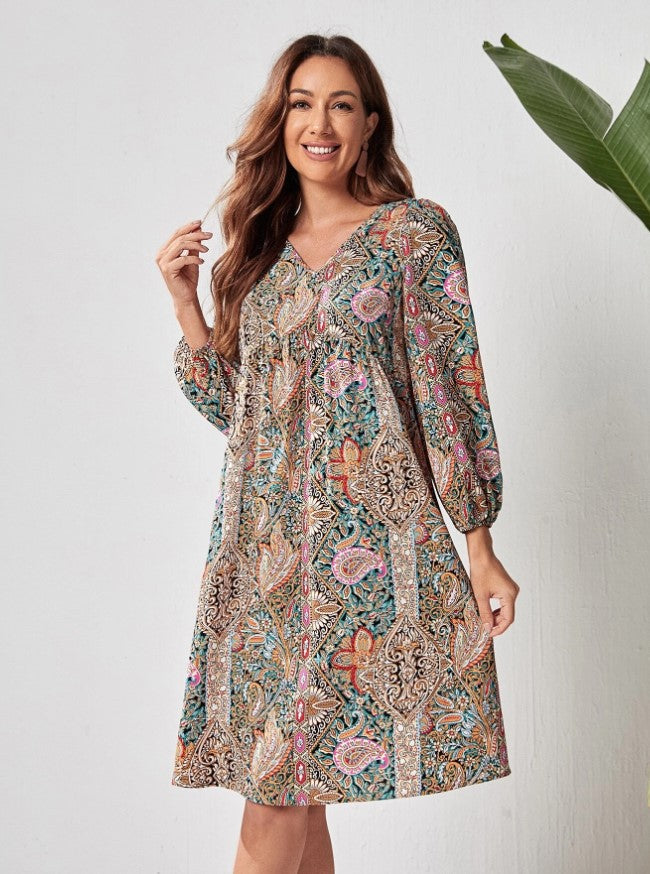 Damen Freizeitkleid mit tiefem V-Ausschnitt und langen Ärmeln R&B