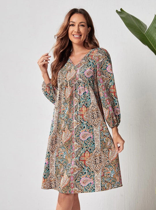 Damen Freizeitkleid mit tiefem V-Ausschnitt und langen Ärmeln R&B