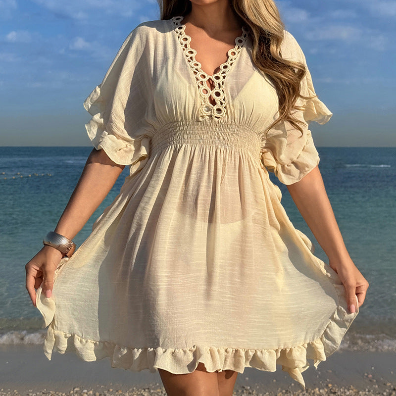 Damen luftiges Strandkleid mit Rüschendetails und vorteilhafter Schärpe R&B