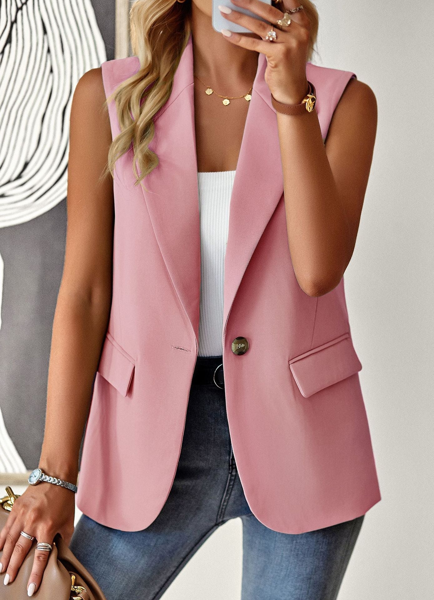 Damen ärmelloses Blazer-Oberteil mit taillierter Silhouette R&B