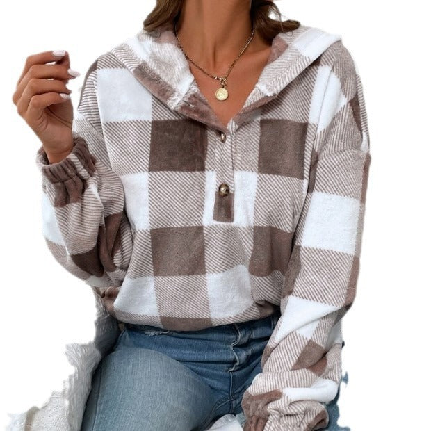 Damen Übergroßer Karierter Flanellpullover mit Kapuze R&B