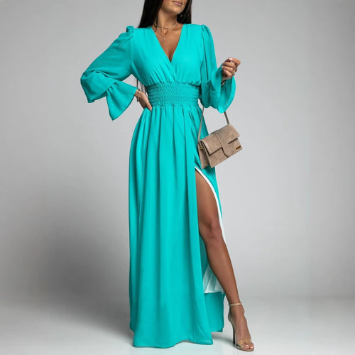 Damen Maxi-Kleid mit tiefem V-Ausschnitt und voluminösen Ärmeln R&B