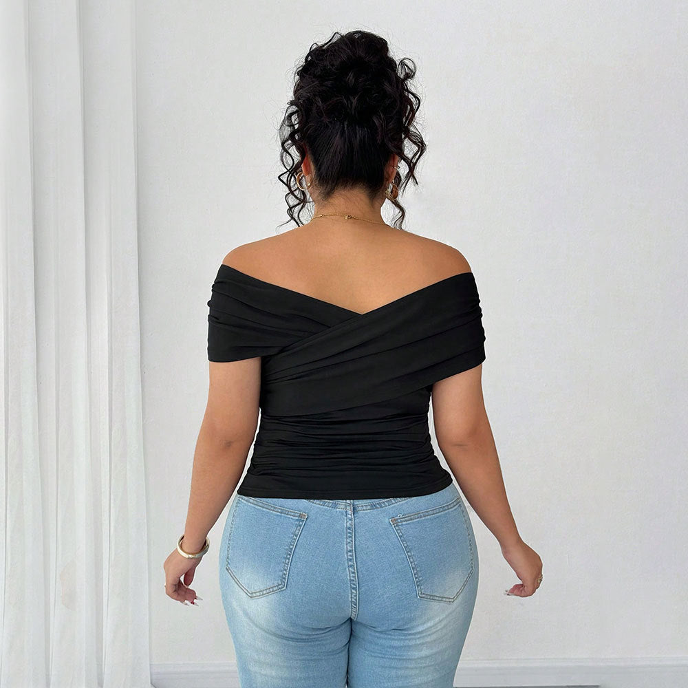 Damen elegantes Wickeloberteil mit schulterfreiem Design und Raffung R&B