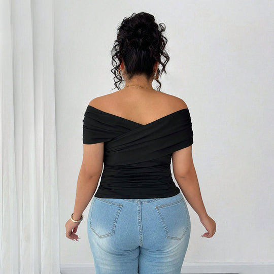 Damen elegantes Wickeloberteil mit schulterfreiem Design und Raffung R&B