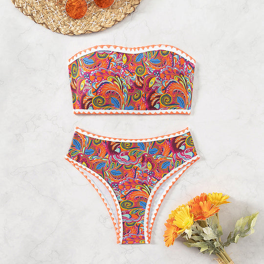 Damen Bandeau-Bikini mit buntem Psychedelic-Design und eleganten Rüschen R&B