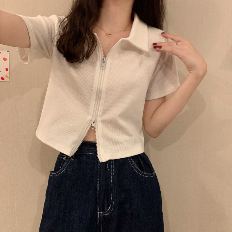Damen Cropped Poloshirt mit Reißverschluss und strukturierter Textur R&B