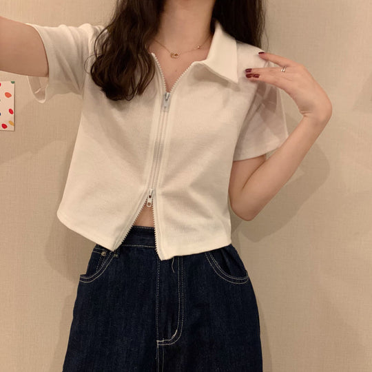 Damen Cropped Poloshirt mit Reißverschluss und strukturierter Textur R&B