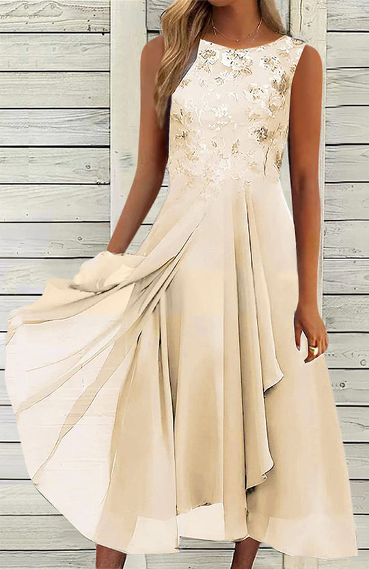 Damen nan ärmelloses Chiffon-Midikleid mit bestickter Brustpartie und asymmetrischem Lagenrock R&B