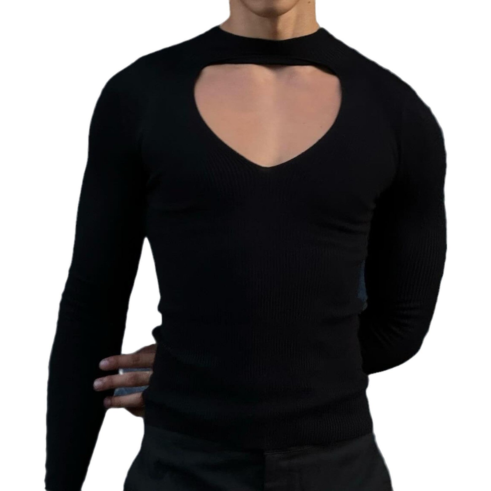 Damen nan figurbetontes Langarm-Top mit Cut-Out und Stehkragen R&B