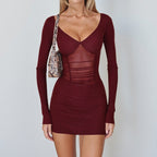 Damen figurbetontes Longsleeve Minikleid mit transparenten Einsätzen und Rüschendetails EB