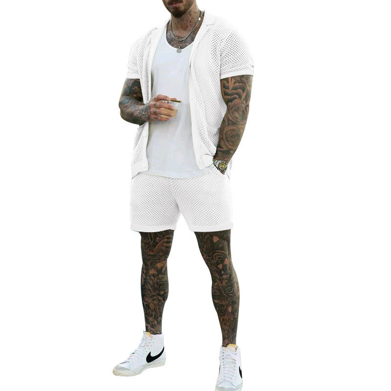 Damen Luftiges Netz-Pyjama-Set mit praktischen Taschen und Knopfleiste R&B