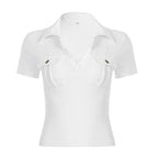Damen lässiges Polohemd mit dekorativem Kragen und Taschen R&B