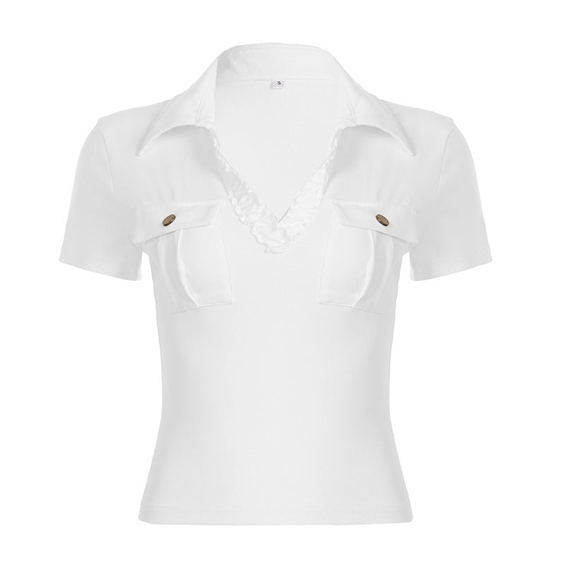 Damen lässiges Polohemd mit dekorativem Kragen und Taschen R&B