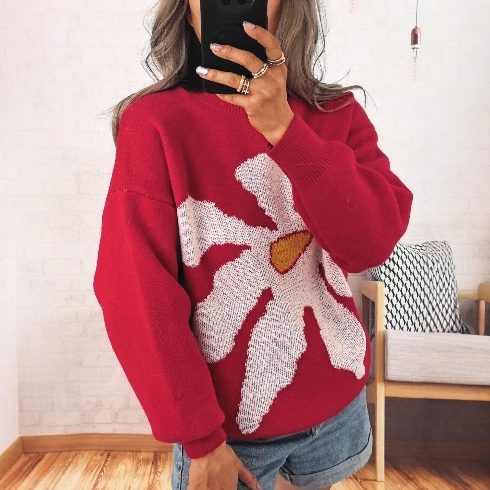 Damen Pullover mit auffälligem Blütenmotiv und lockerer Passform R&B