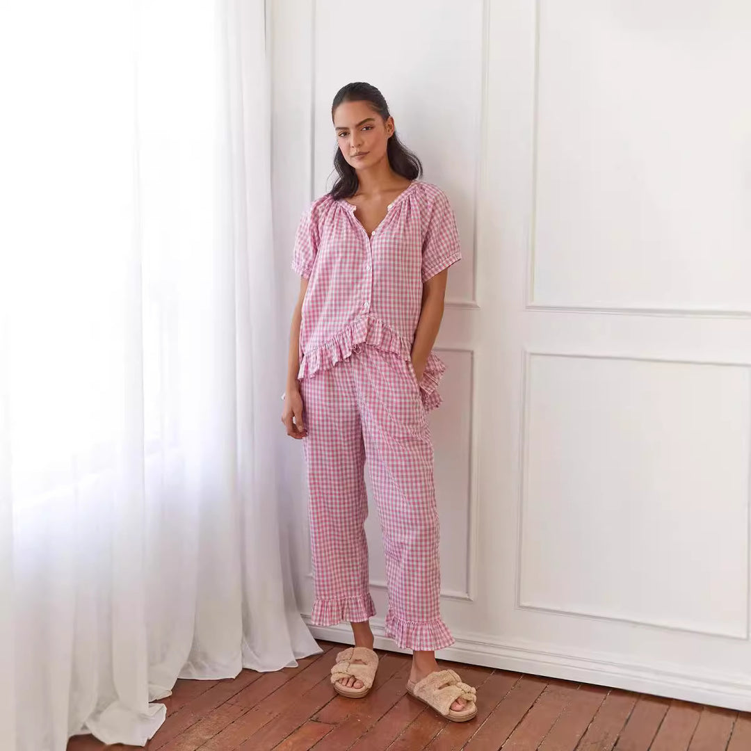Damen Pyjama-Set mit Rüschen und Karomuster R&B