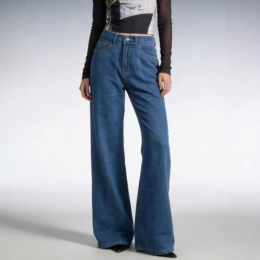Damen weite Denim-Hose mit Vintage-Waschung und hoch geschnittenem Bund R&B