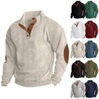 Herren nan gerippter Baumwollmix-Pullover mit Stehkragen, Knopfleiste und Lederoptik-Ellenbogenpatches R&B