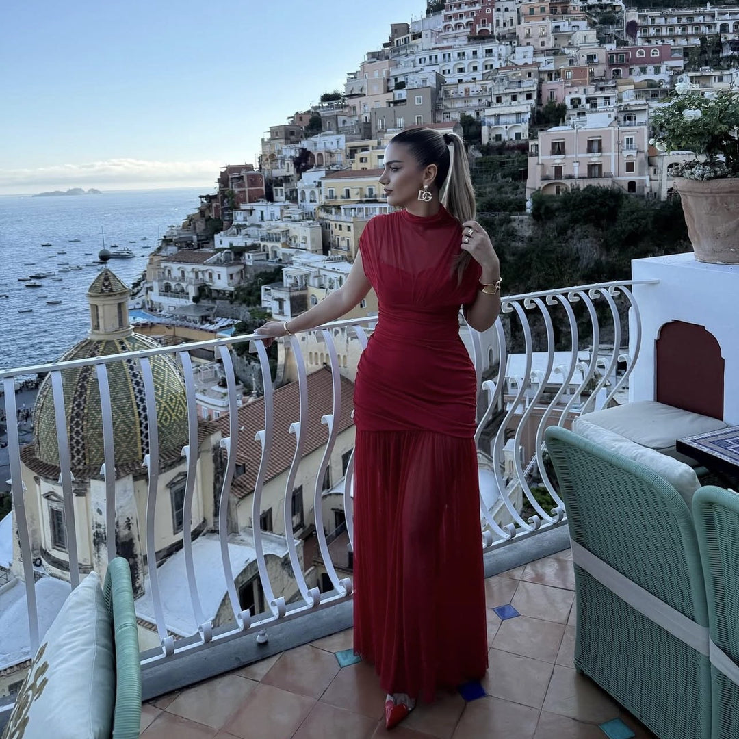 Damen Maxikleid mit modischem Stehkragen und raffiniertem Raffungselement R&B