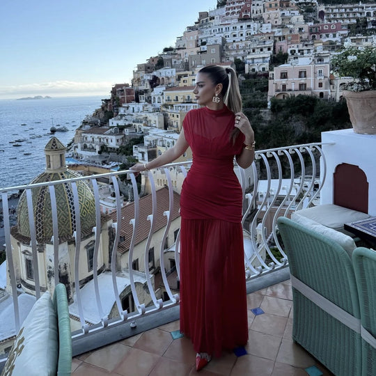 Damen Maxikleid mit modischem Stehkragen und raffiniertem Raffungselement R&B