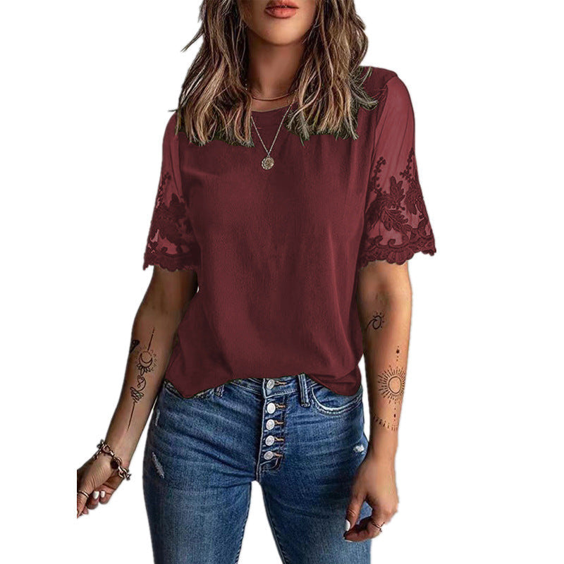 Damen Elegantes T-Shirt mit Spitze an den Ärmeln R&B