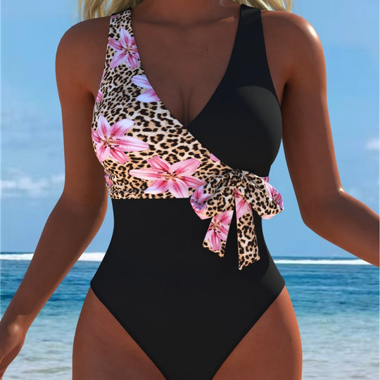 Damen Einteiliger Badeanzug mit floralem Wickeldesign und trendigem Leopardenmuster R&B