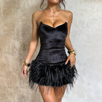 Damen Sexy Samtkleid mit Federn R&B