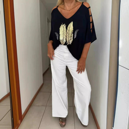 Damen Oversized T-Shirt mit kreativen Cut-Outs und auffälligem Druck Heidi-Mode
