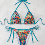 Damen Triangel-Bikini mit bunten Zierstichen und verstellbaren BindR&Bändern R&B