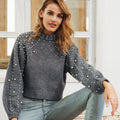 Damen modischer Pullover mit Perlendetails und ballonförmigen Ärmeln R&B