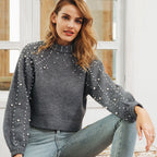 Damen modischer Pullover mit Perlendetails und ballonförmigen Ärmeln R&B