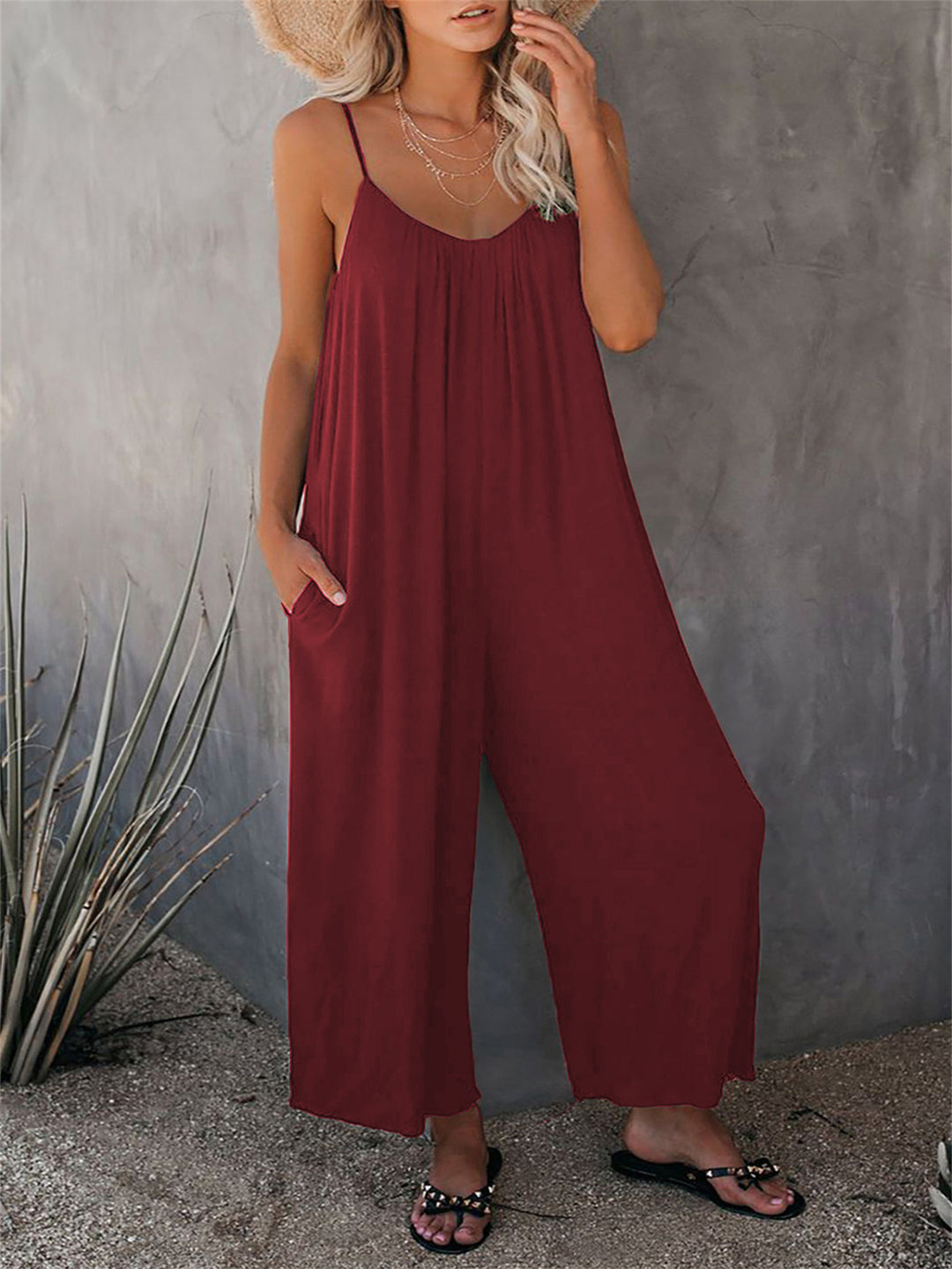 Damen Lässiger Sommer-Jumpsuit mit tiefem Ausschnitt und praktischen Taschen R&B