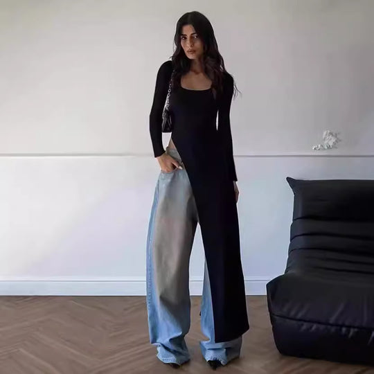 Damen Elegantes langärmliges Kleid mit asymmetrischem Saum R&B