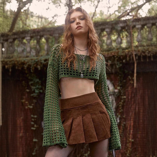 Damen luftiges gehäkeltes Crop-Top mit langen Ärmeln R&B