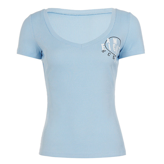 Damen Kurzarmshirt mit V-Ausschnitt und grafischem Print R&B