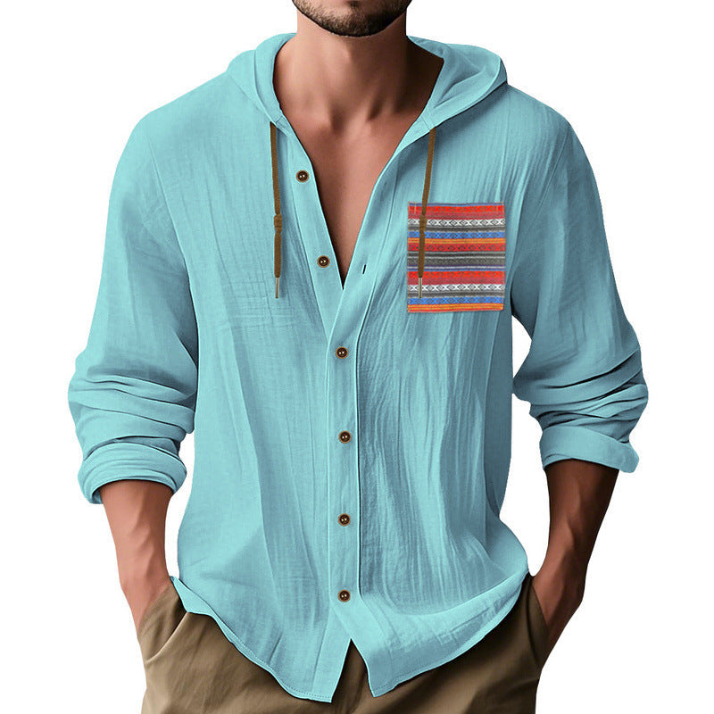 Herren nan leichte Kapuzenhemdjacke aus strukturierter Baumwollmischung mit Ethno‑Brusttasche und Knopfleiste R&B
