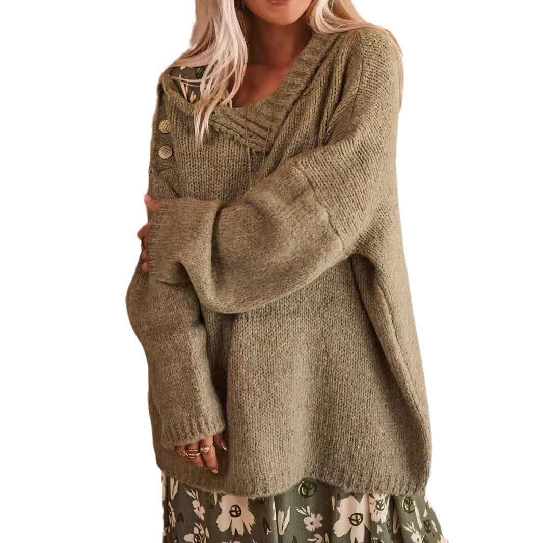 Damen Grobstrickpullover mit hohem Kragen und modischen Knopfdetails R&B