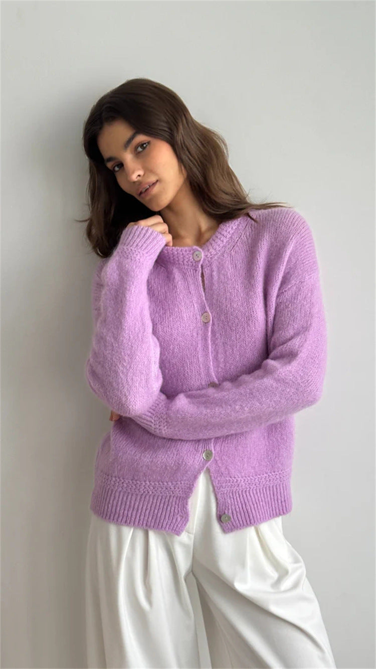 Damen kuschelige Strickjacke mit knöpfbarem Design und voluminösen Ärmeln R&B