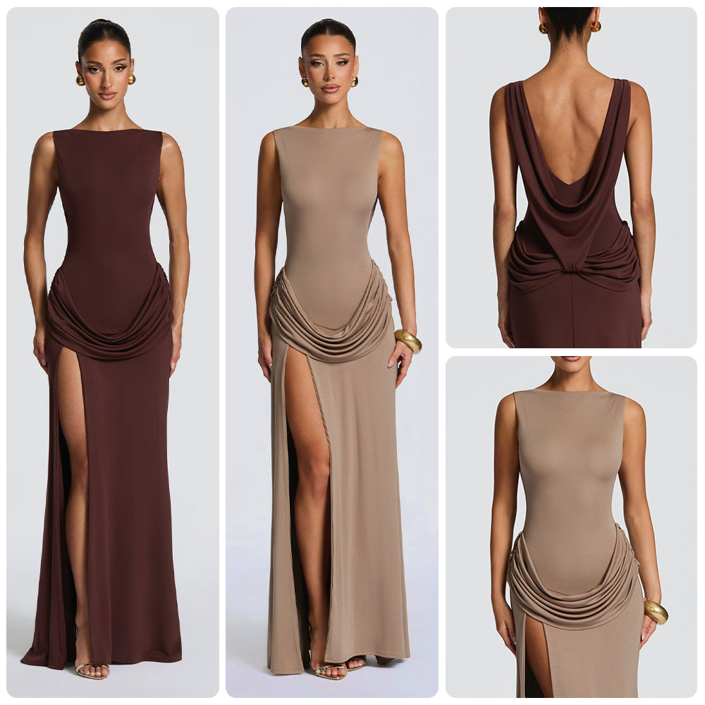Damen Elegantes Maxikleid mit raffinierter Drapierung und hoch schlitzendem Design R&B